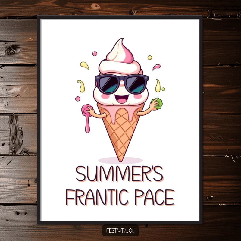 Funny Ice Cream Cone Digital Art: A high-resolution printable of a smiling ice cream character comically juggling melting scoops, full of summer fun.