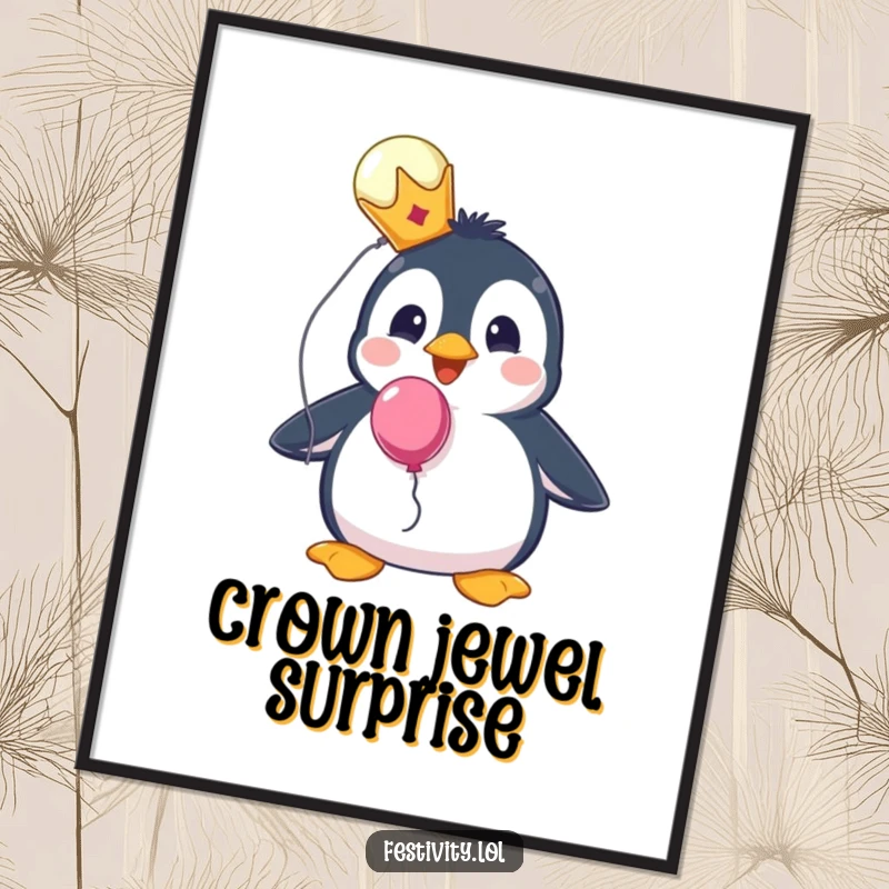 Funny digital art print of a surprised penguin wearing a tiny crown and holding a balloon, exuding whimsical royalty.