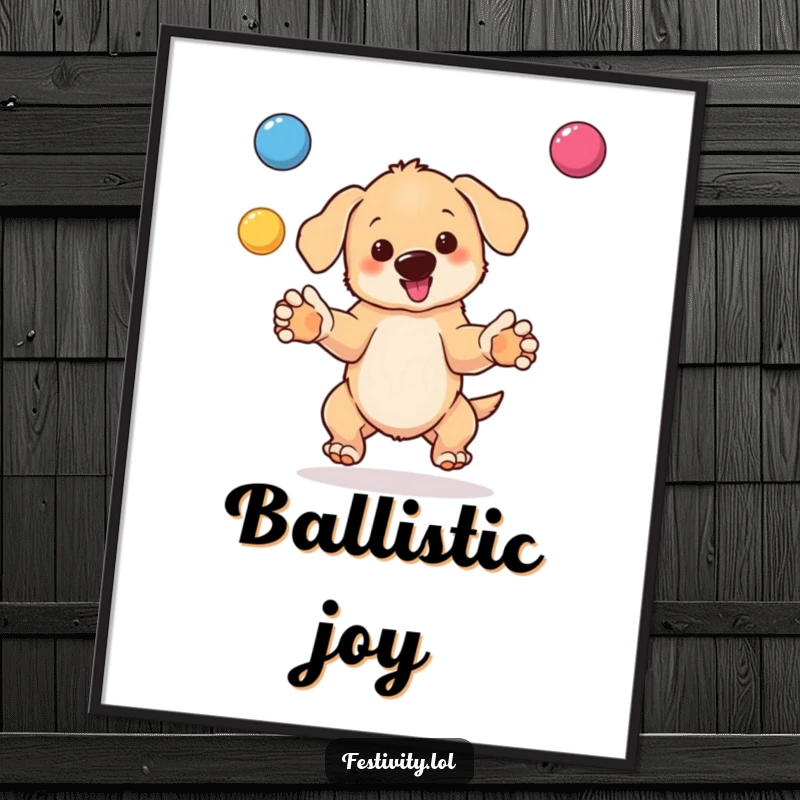 Funny digital art print of a bouncing puppy juggling colorful balls, radiating happiness and playful skill.
