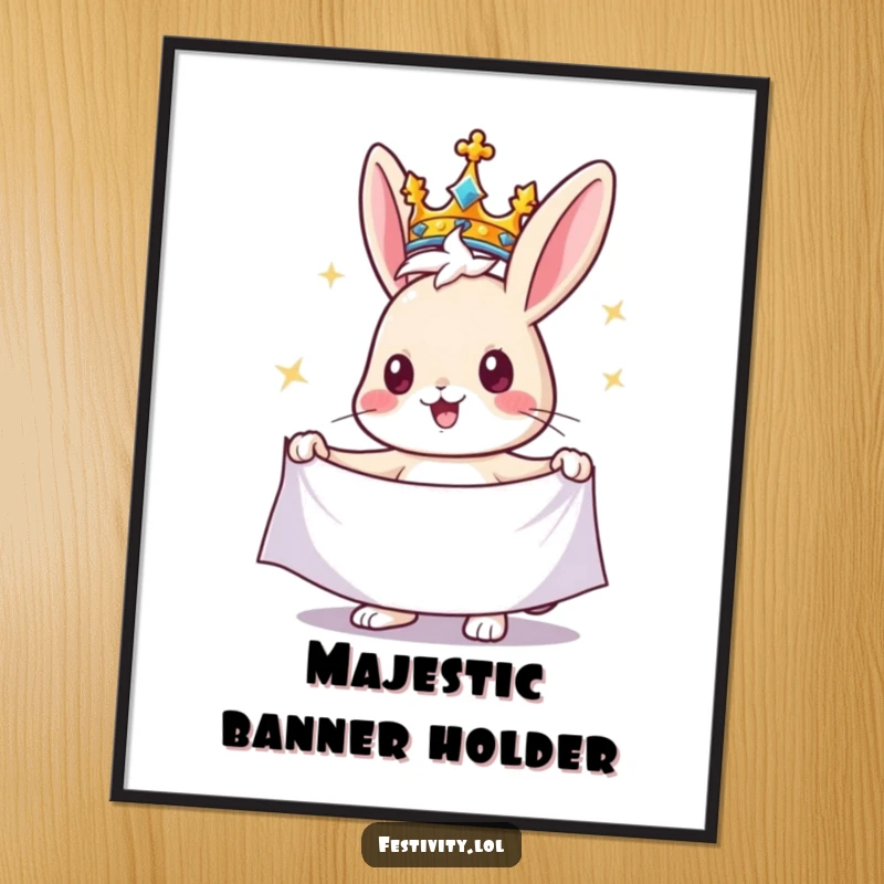 Funny rabbit digital art print of a cheerful rabbit wearing a crown and holding a banner, a downloadable piece of regal artwork.