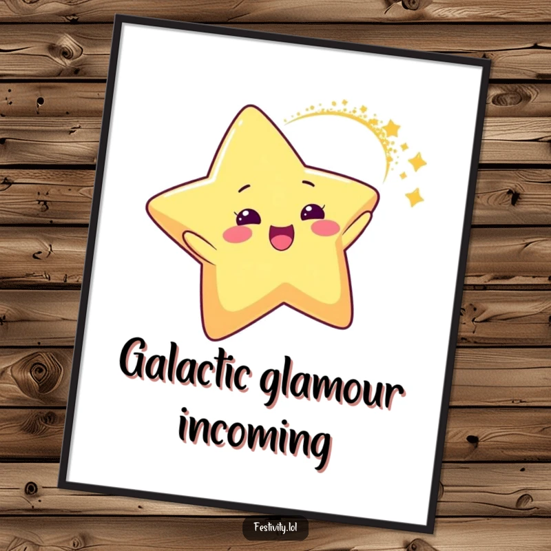 Funny Star Glitter Arc Digital Art Print of a delighted star character leaving a dynamic arc of glitter, offering instant humorous celestial decor.