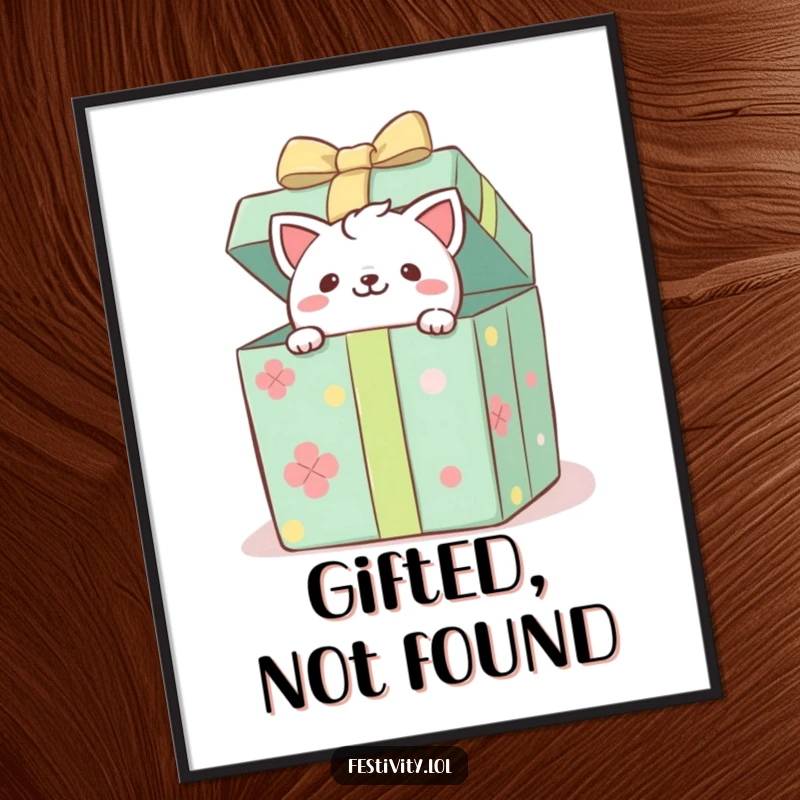 Funny digital art print of a playful critter peeking from a gift box, offering instant whimsical decor and humor.