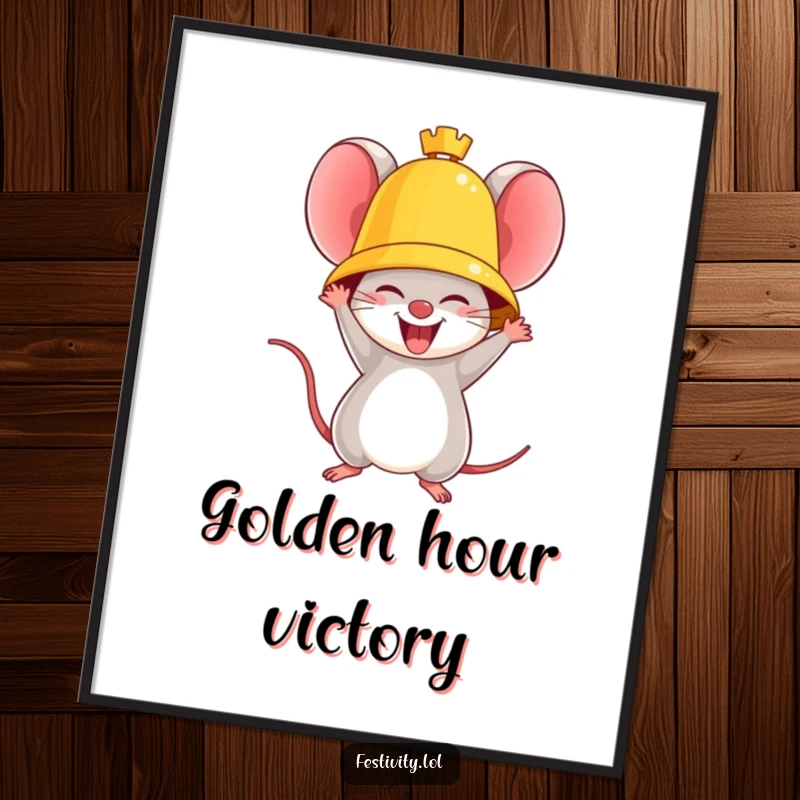 Funny digital art print of a triumphant mouse ringing a giant golden bell with joy, evoking celebration.