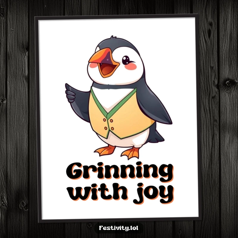 Funny Puffin Digital Art: A grinning puffin waves a tiny flag, bringing humorous festive cheer to your digital space.