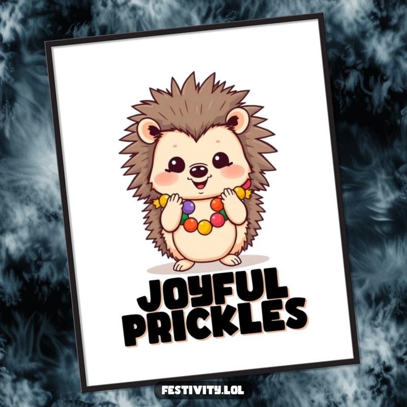 Funny digital art print of a cheerful hedgehog in a festive garland, clapping its paws, evoking holiday spirit.