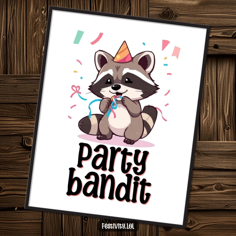 Funny digital art print of a mischievous raccoon joyfully stealing party streamers, capturing a moment of energetic fun.