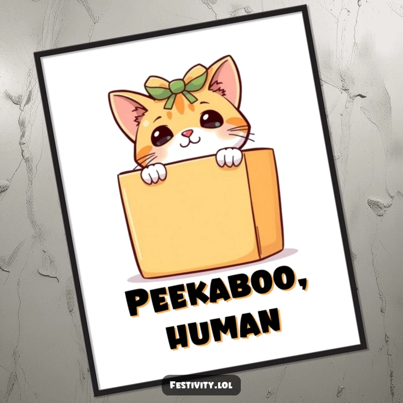 Funny curious cat digital art print, a mischievous kitten peeking from behind a large present, adding humorous charm to digital art.