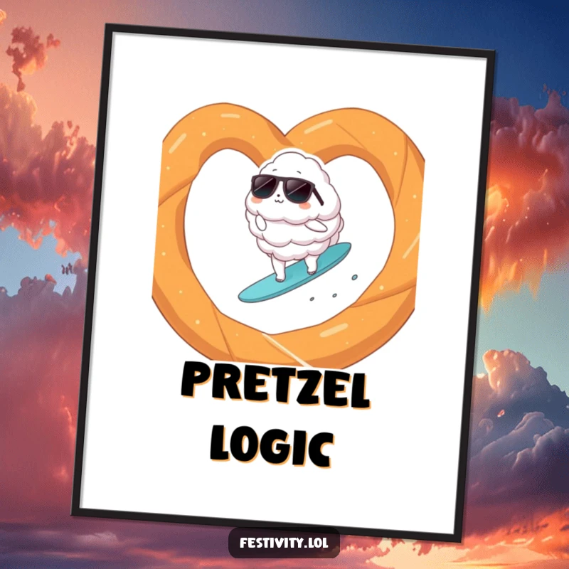 Funny fluffy cloud wearing sunglasses surfing on a giant pretzel, high-resolution digital art print for surreal and humorous decor.