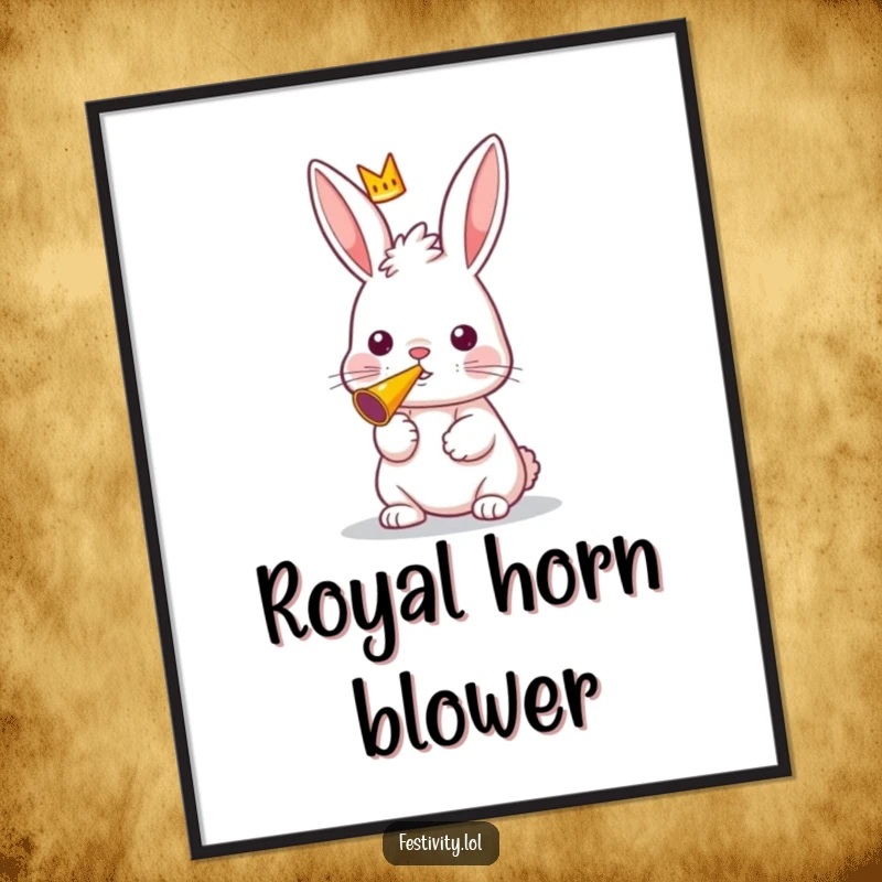 Funny digital artwork of a curious rabbit with a crown, enthusiastically blowing a party horn.
