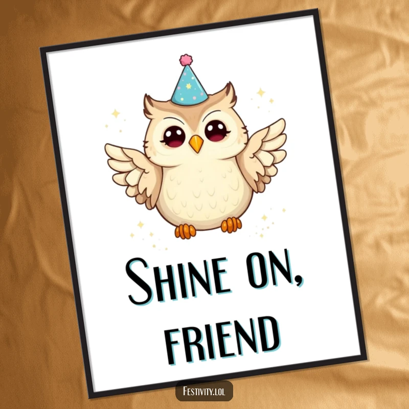Funny owl party digital art print of a joyful owl with a party hat spilling glitter, an instant download for whimsical wall decor.