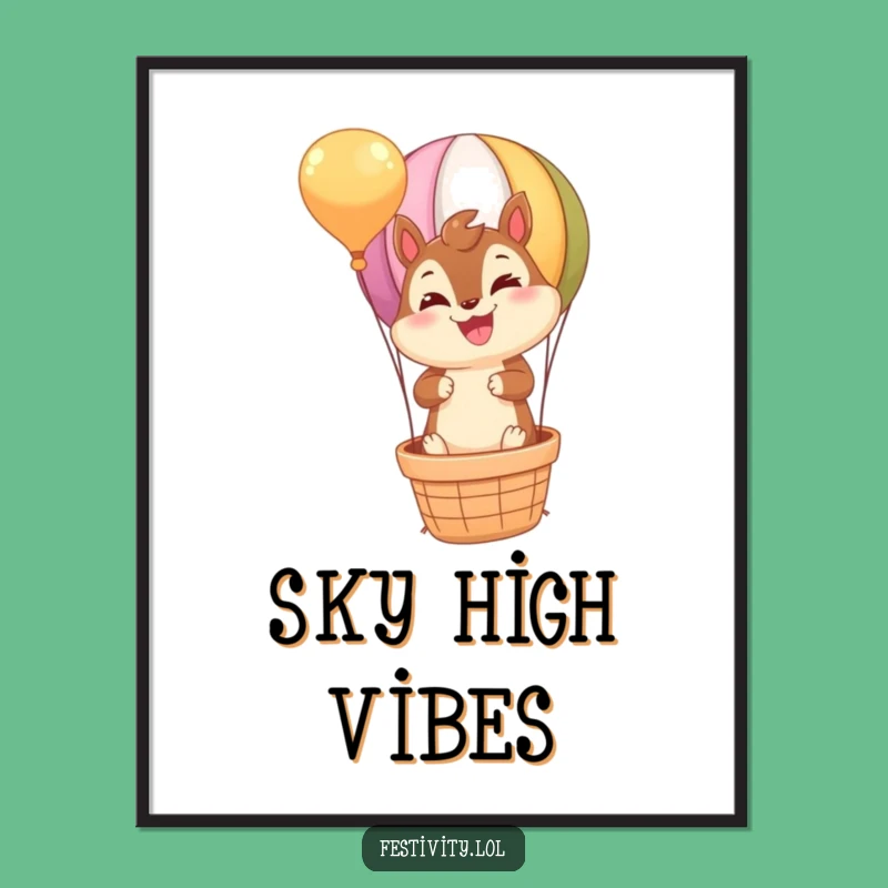 Funny Chipmunk Hot Air Balloon Digital Art: Instant Joyful & Hilarious Wall Decor