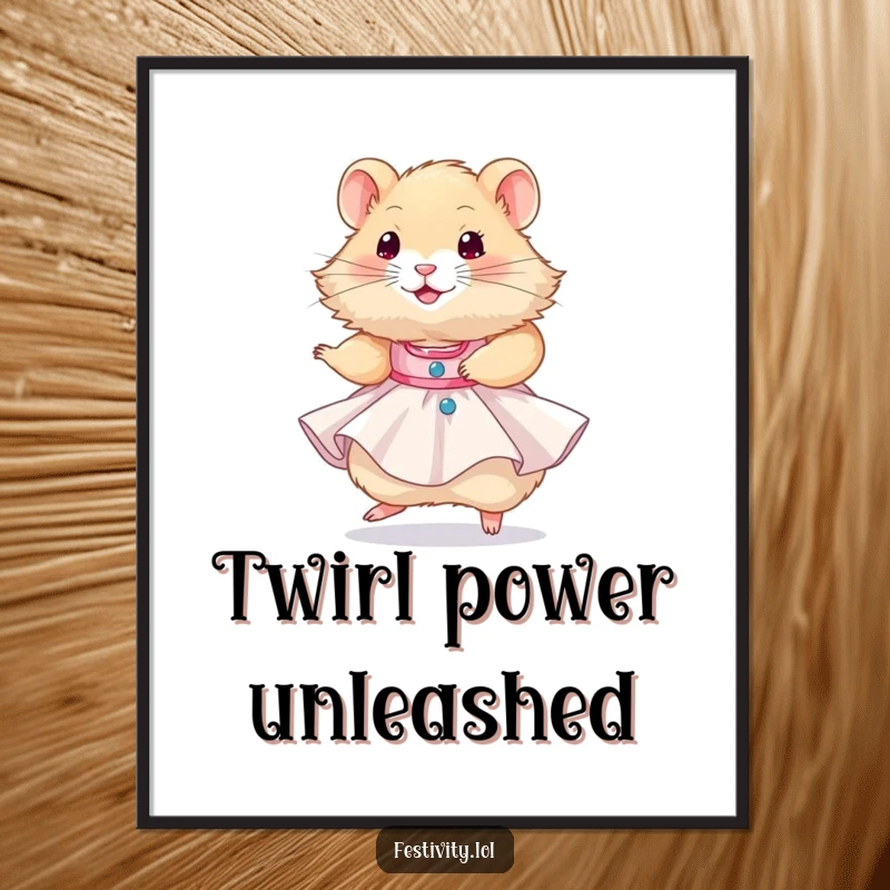 Funny hamster wearing a tiny party dress and twirling happily, a high-resolution digital art print for humorous decor.