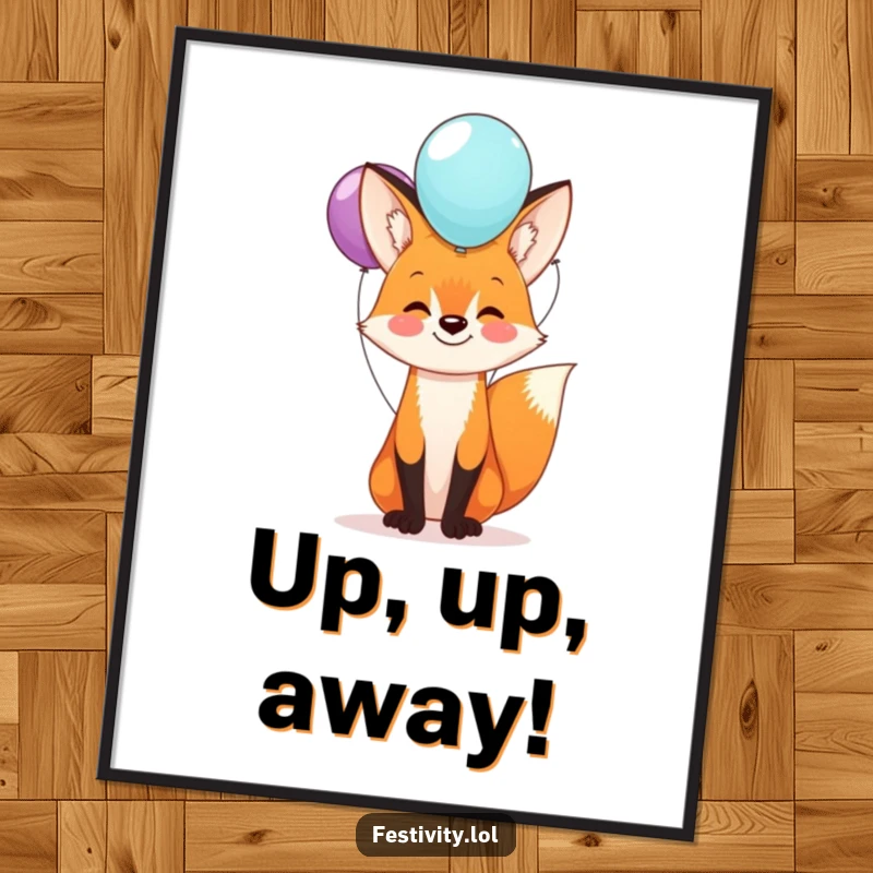Funny fox balloon digital art print of a happy fox balancing a stack of balloons on its nose, perfect for instant cheerful decor.