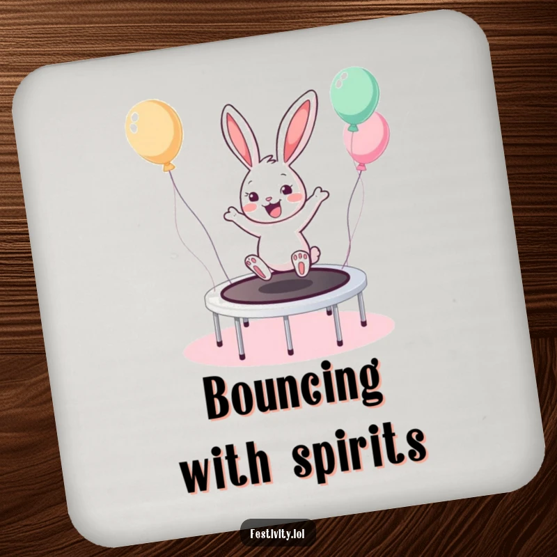 Funny Bunny Trampoline Coasters protect surfaces with a design of a cheerful bunny bouncing on a trampoline, adding humor.