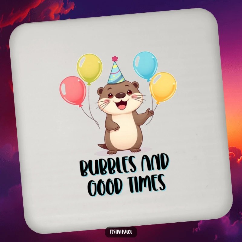 Funny drink coasters with a happy otter juggling balloons, adding festive flair and humor to any table.