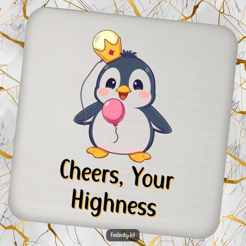 Funny drink coasters featuring a surprised penguin wearing a tiny crown and holding a balloon, perfect for any table.