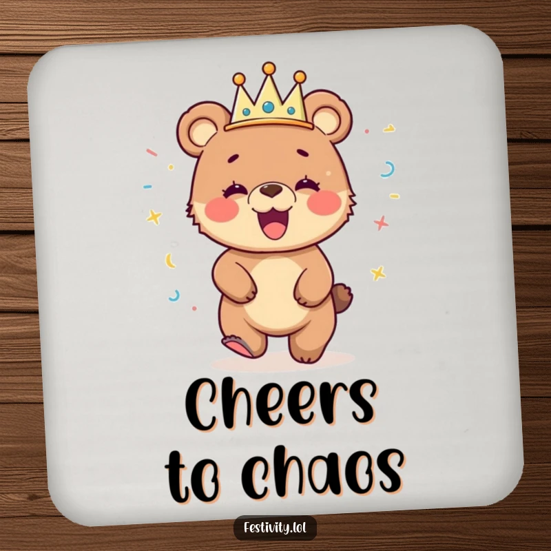Funny drink coaster with a giggling bear cub wearing a streamer crown, mid-dance, adding playful charm to any surface.