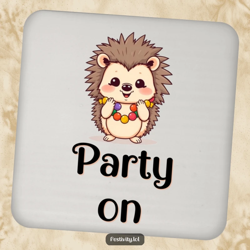 Funny drink coaster with a cheerful hedgehog wearing a festive garland and clapping paws, adding festive humor.