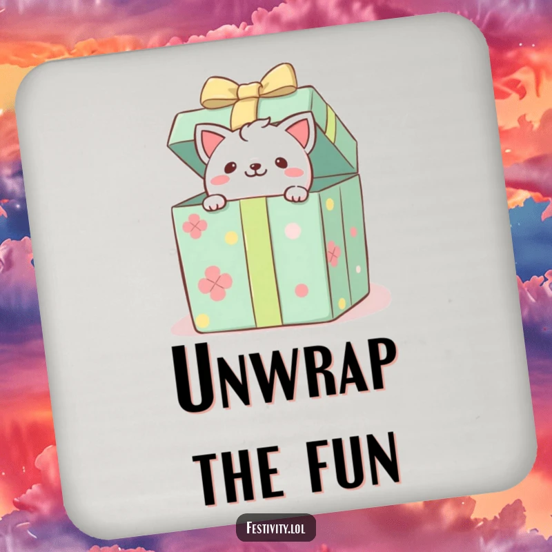 Funny drink coaster with a playful critter peeking from a gift box, protecting surfaces with humorous charm.