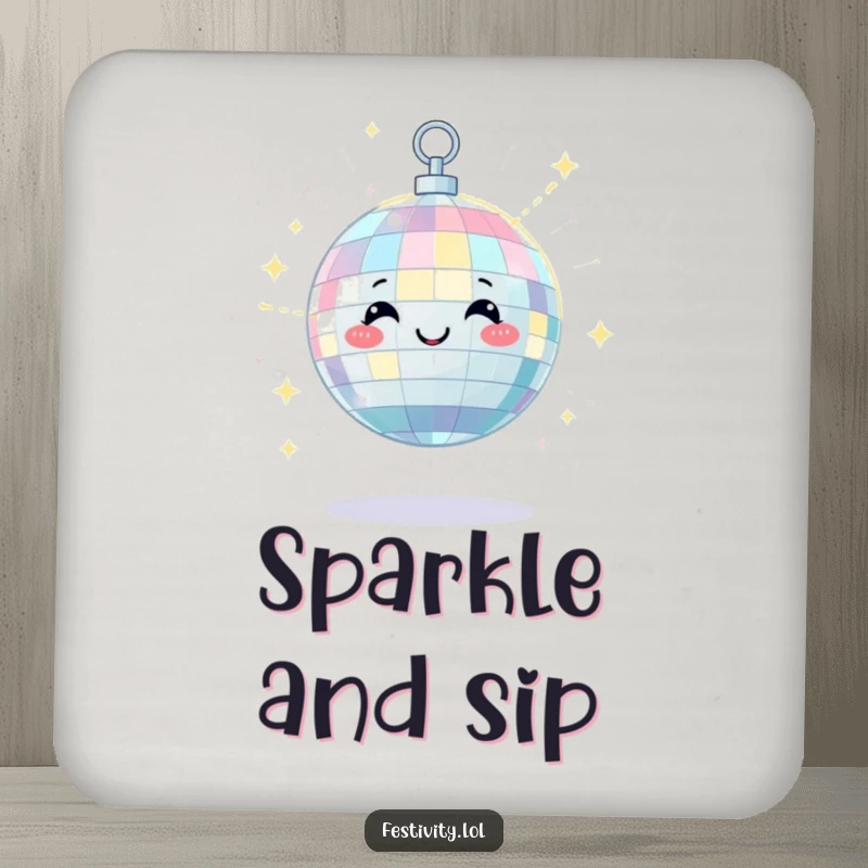 Funny drink coaster with a satisfied disco ball character scattering beams of light with a happy twinkle, adding a festive touch.