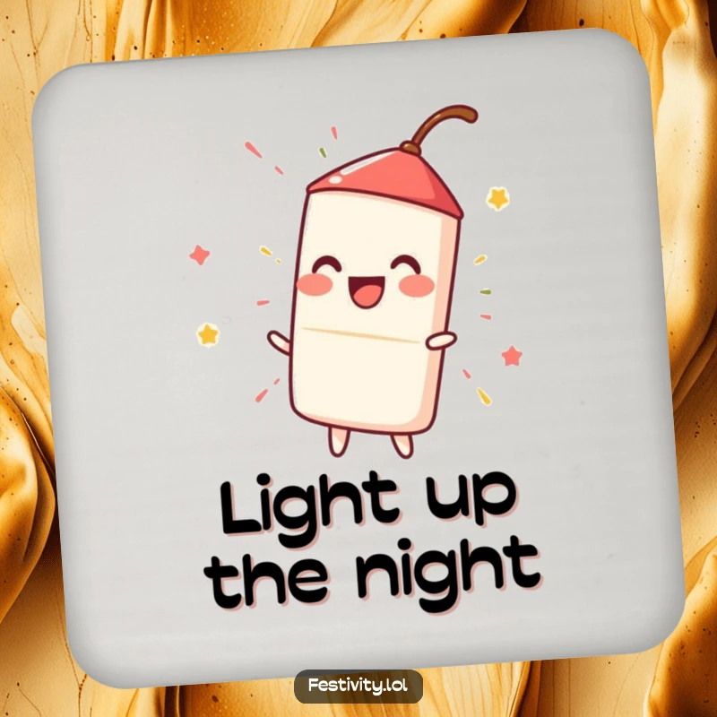 Funny happy firecracker igniting with a spark, a humorous coaster to protect surfaces from drinks.