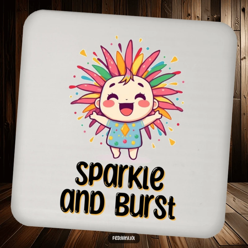 Funny drink coaster with a jubilant firework character bursting with colorful, joyful patterns, adding a festive touch.