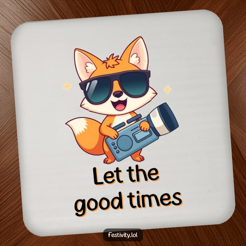Funny drink coasters featuring a happy fox in cool sunglasses holding a giant noisemaker, for humorous protection.