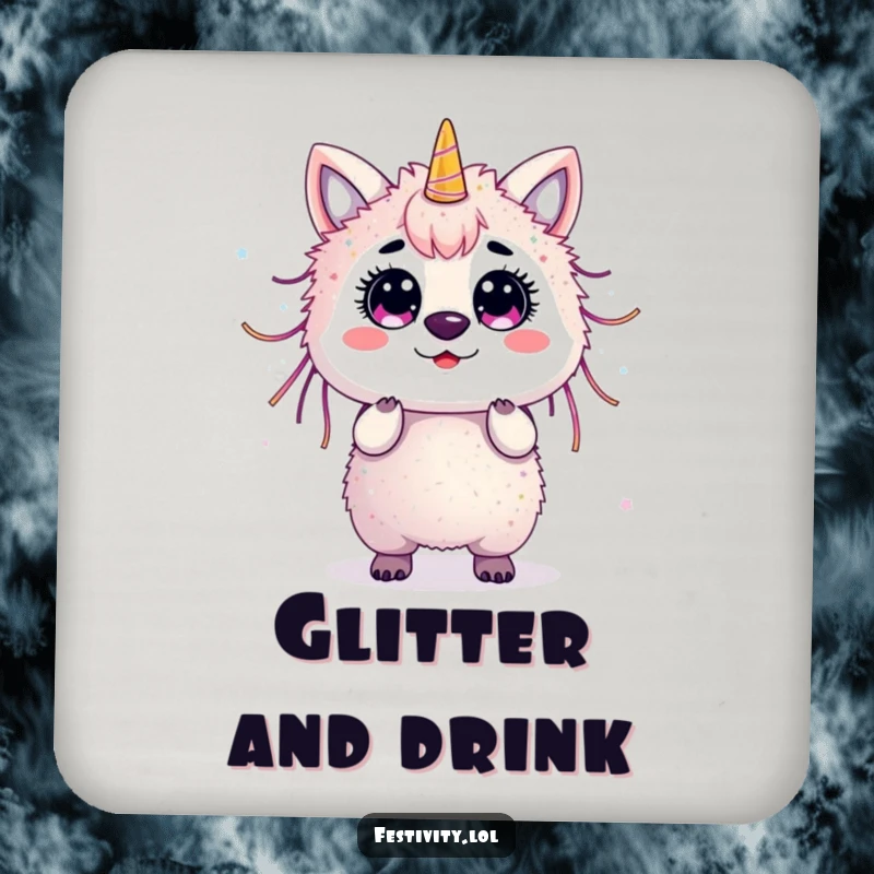 Funny surprised animal covered in streamers and glitter on a protective drink coaster.