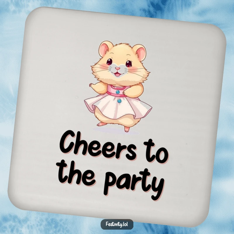 Funny hamster wearing a tiny party dress and twirling happily, a humorous design for drink coasters that adds festive character.
