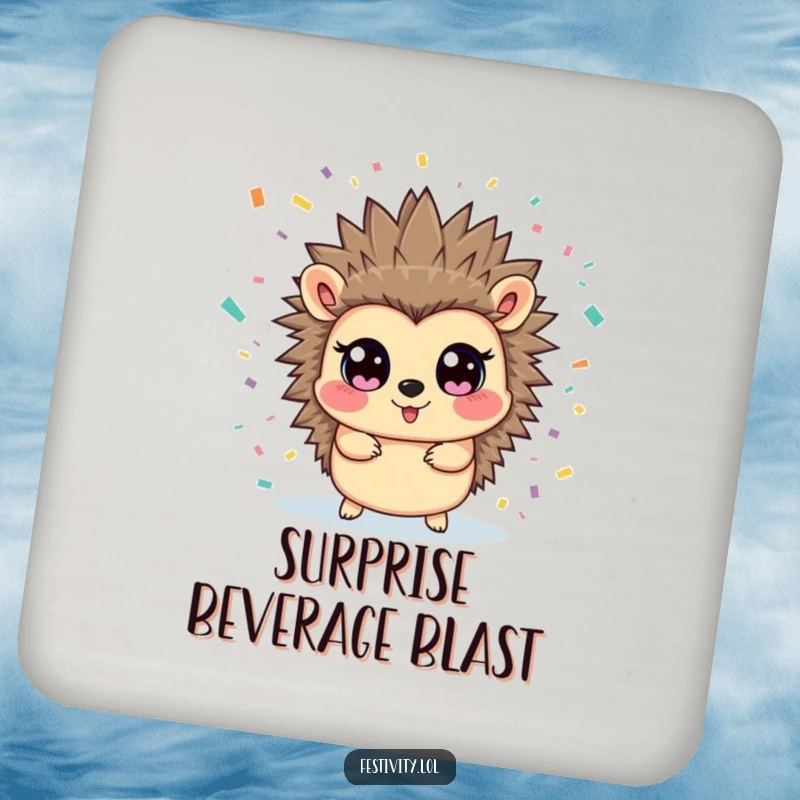 Funny hedgehog drink coaster showing a hedgehog delighting in a confetti blast, perfect for protecting tables from spills with humor.
