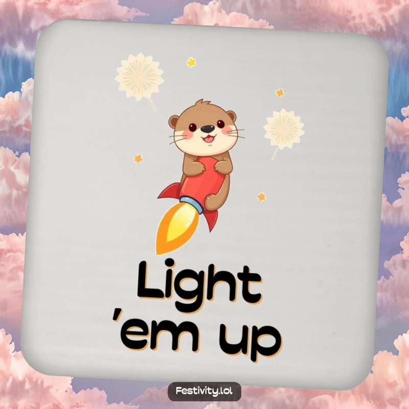 Funny otter drink coaster featuring a cheerful otter riding a firecracker like a rocket into the sky, adding humor and surface protection.