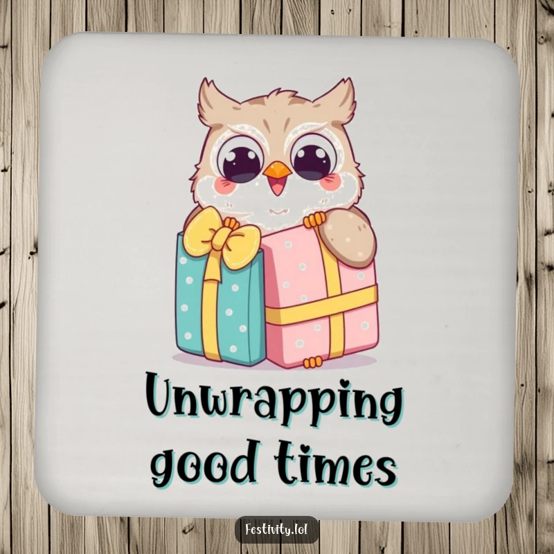 Funny Owl Coasters protect surfaces with a design of a happy owl unwrapping a large gift, adding humor.