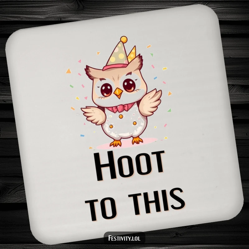 Funny tiny owl character dressed as a party planner, excitedly tossing confetti on a coaster.