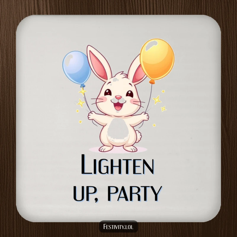 Funny drink coaster with a cheerful rabbit juggling sparkling balloons, adding a whimsical and joyful touch to any surface.