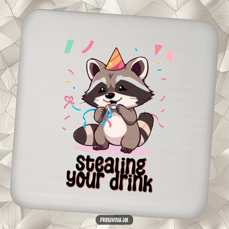 Funny drink coaster featuring a mischievous raccoon caught in the act of stealing party streamers, protecting surfaces with humor.