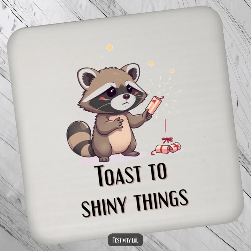 Funny raccoon juggling sparkling party crackers on a drink coaster, adding a touch of whimsical party decor and surface protection.