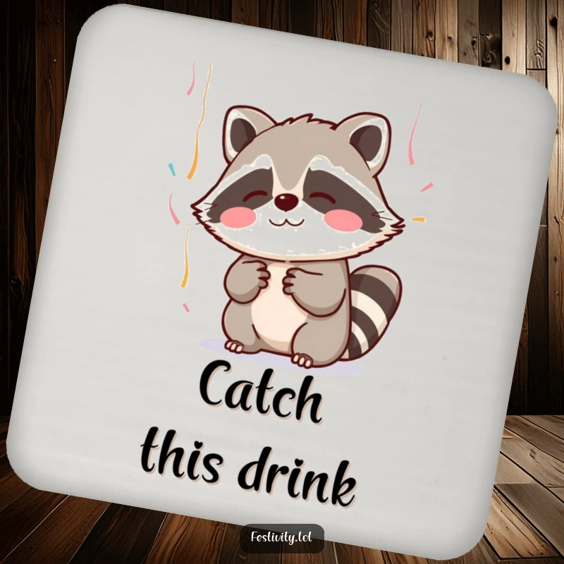 Funny drink coaster with a blushing raccoon adorably trying to catch falling streamers, adding a cute touch to surfaces.