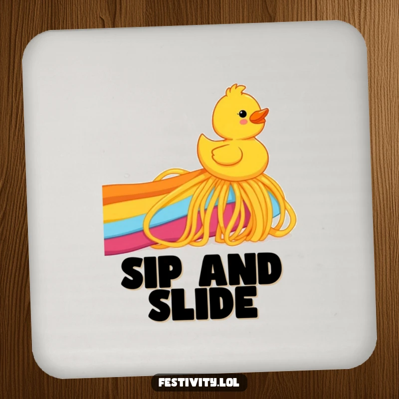 Funny rubber ducky sliding down a rainbow made of spaghetti, printed on a drink coaster to add humor to any surface.