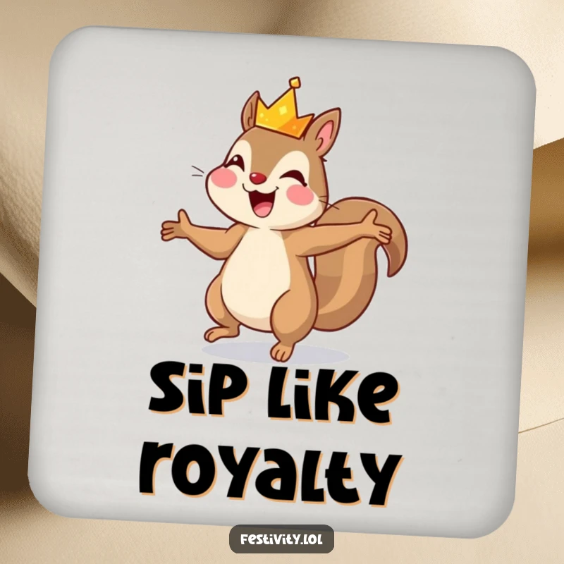 Funny drink coasters with a dancing squirrel in a tiny crown, bringing humorous royal protection to tables.