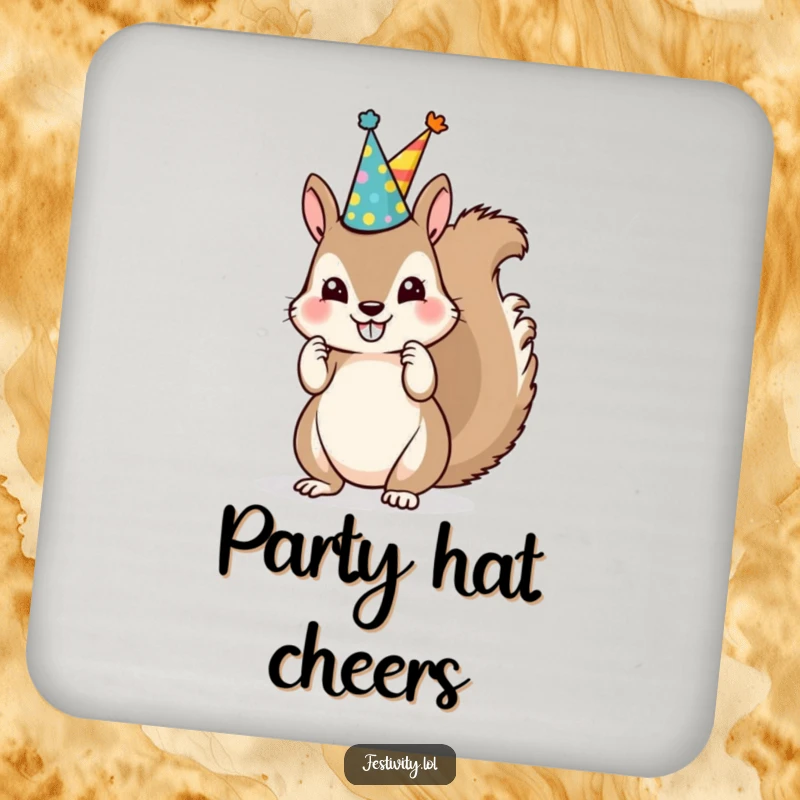 Funny Squirrel Party Hat Coasters protect surfaces with a design of a mischievous squirrel stacking party hats, adding humor.