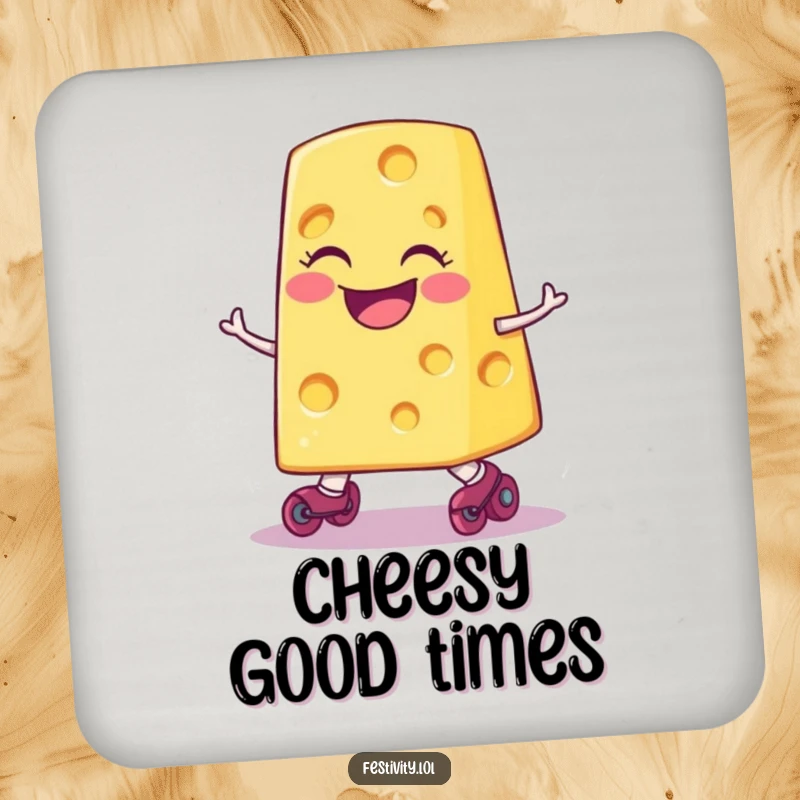 Funny smiling slice of cheese wearing tiny roller skates, comically tripping, printed on a drink coaster to add humor to any surface.