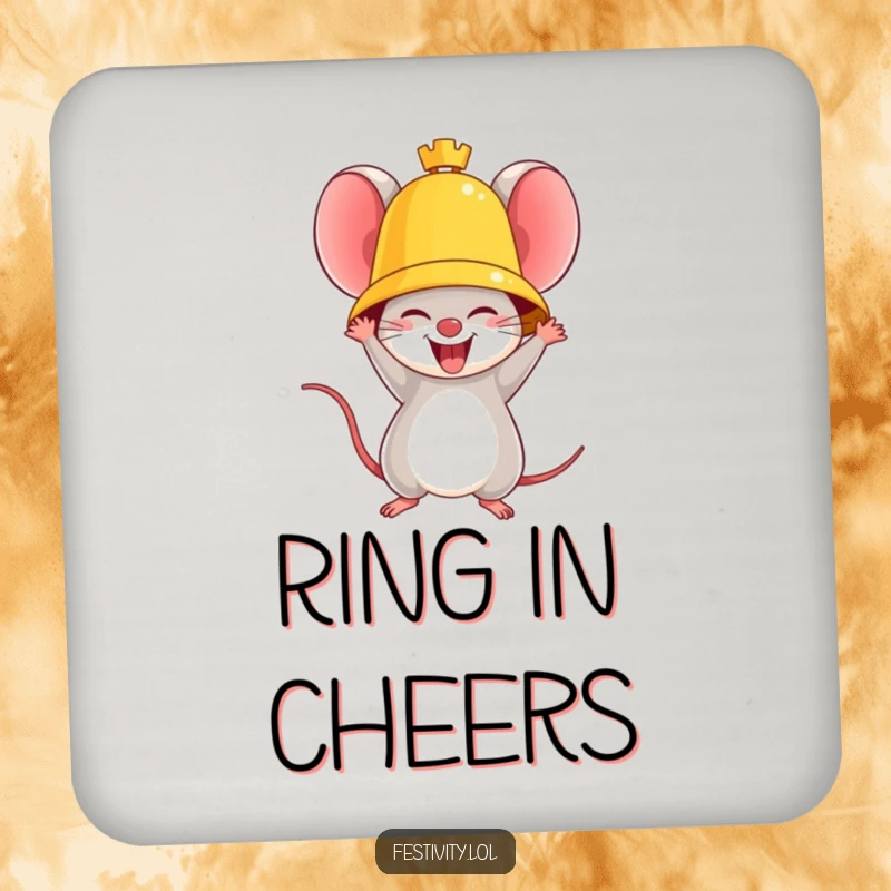 Funny drink coaster with a triumphant mouse ringing a giant golden bell, adding celebratory humor.