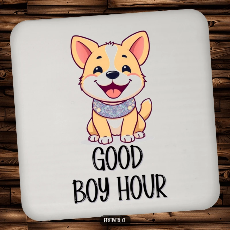 Funny coaster: A smiling dog with a glittery collar and wagging tail, providing humorous protection for drink surfaces.