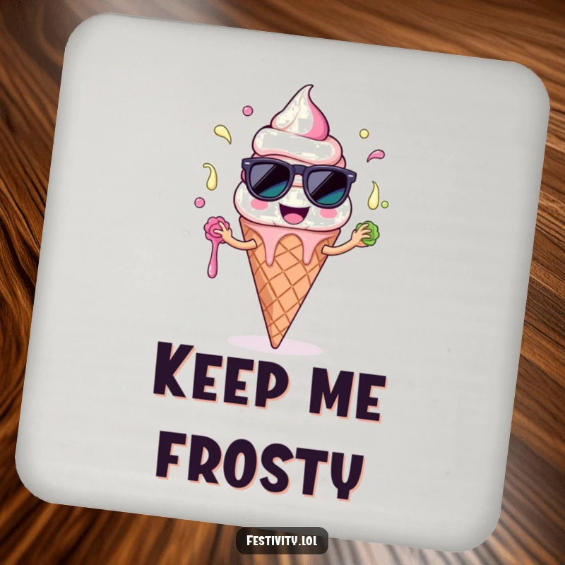 Funny Ice Cream Cone Coaster: A coaster featuring a smiling ice cream character comically juggling melting scoops, protecting furniture with summer humor.