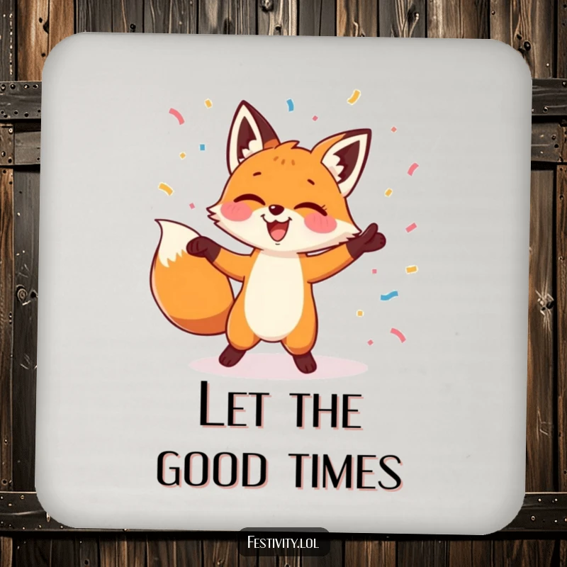 Funny drink coaster with a fox dancing energetically, surrounded by festive confetti, adding a cheerful touch to any setting.