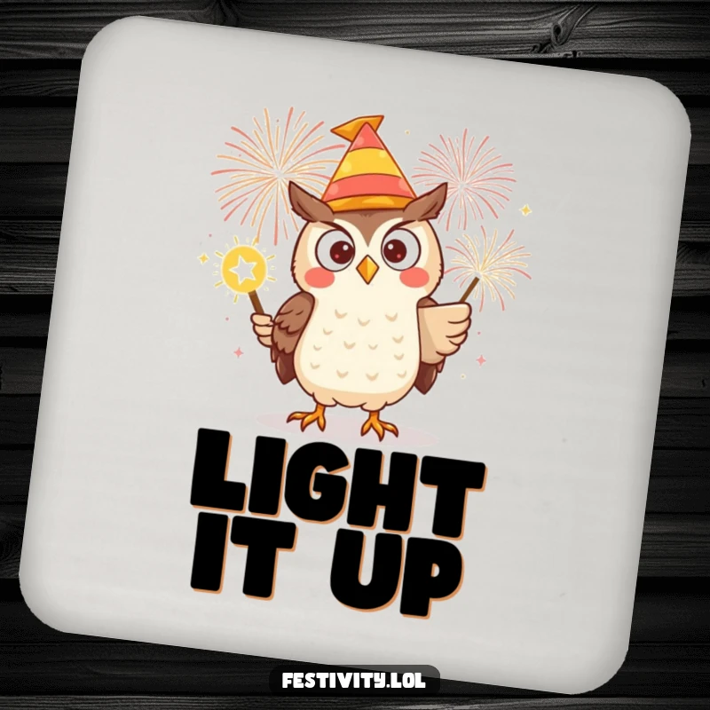Funny drink coaster with a determined owl in a silly hat, igniting a giant firework, adding a bold touch to any surface.