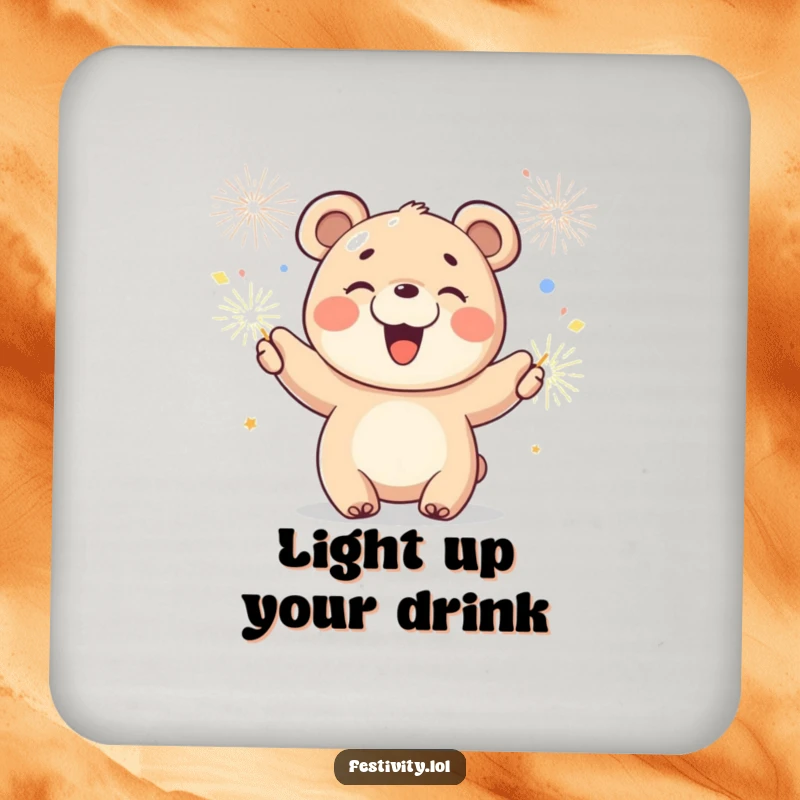Funny drink coasters with a joyful bear cub waving sparklers, adding cute humor to any table setting.