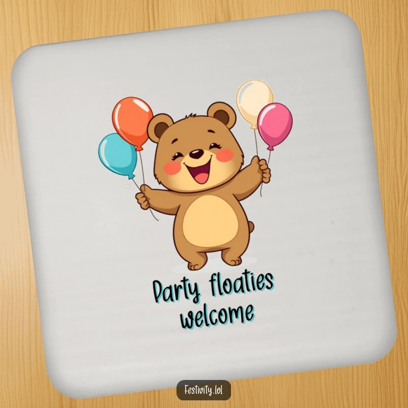 Funny bear drink coaster featuring a happy bear juggling balloons, adding a cheerful and protective element to tabletops.