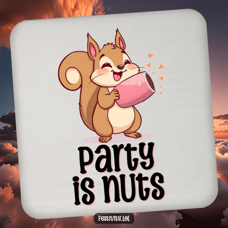 Funny drink coaster with a delighted squirrel holding a party popper, ready to burst, humorous bar accessory.