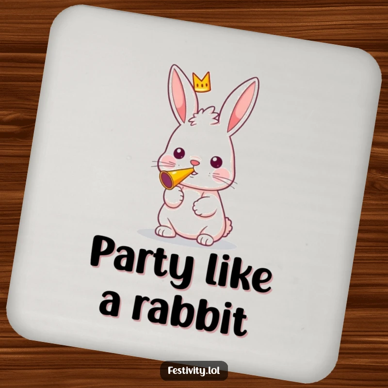Funny drink coaster with a curious rabbit wearing a crown, blowing a party horn.